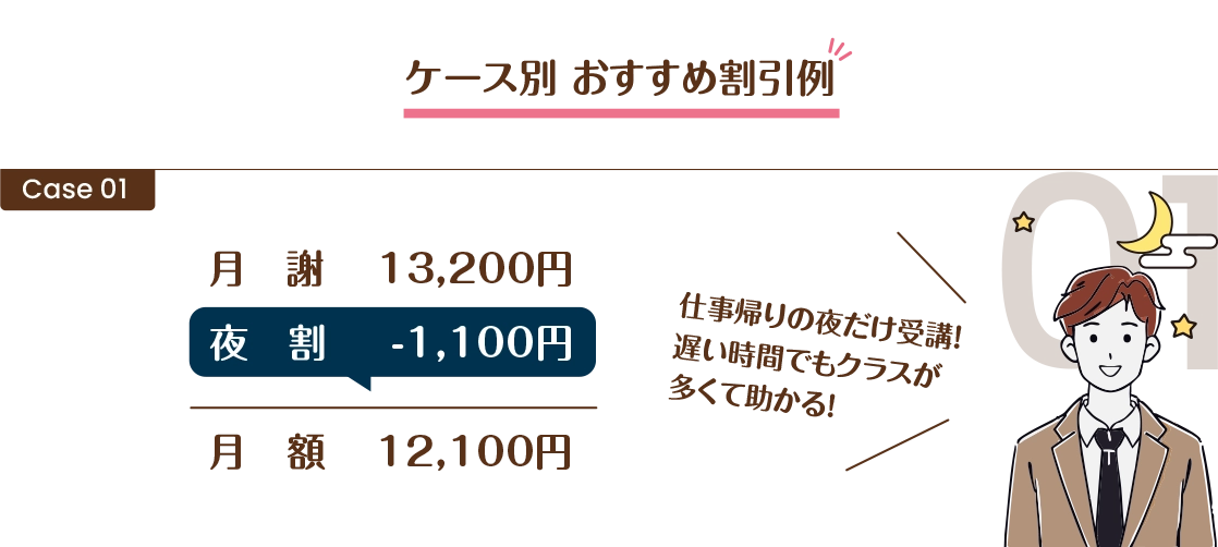 仕事帰りの夜だけ受講！遅い時間でもクラスが多くて助かる！